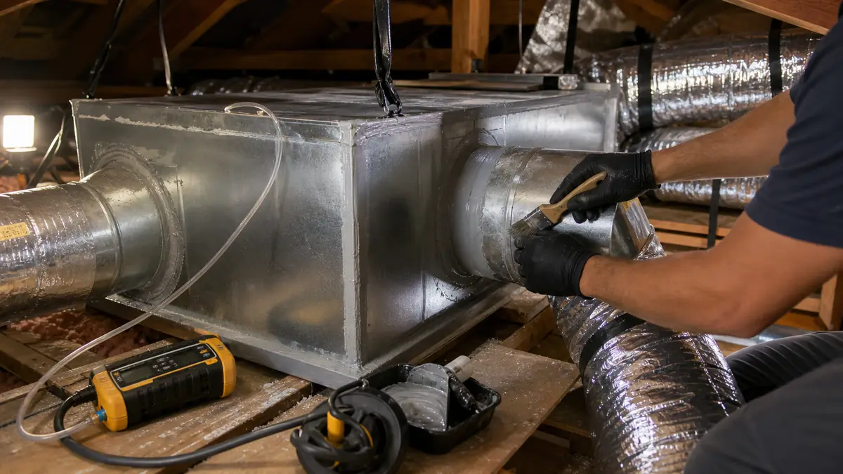 Sealing a panned return in a 1920s Lincoln Park Craftsman attic, ZIP 91766.