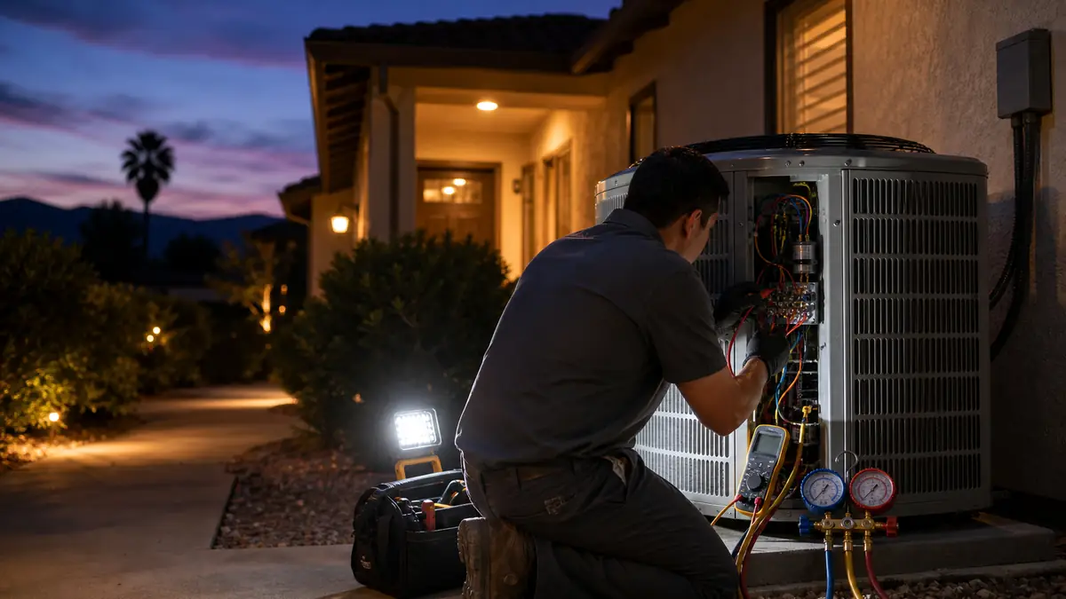 After-hours no-cool diagnostic on a Carrier condenser during a Pomona heat wave, 91766.